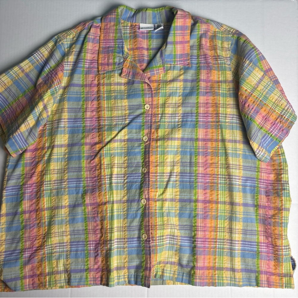 Venezia Women's 30W Shirt Pastel Plaid Multicolor Button Up Short Sleeve Cotton
